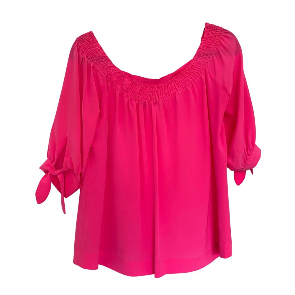 Trina Turk (S/M) Pink 100% Silk Off the Shoulder Top Resort Boho Quiet Luxury